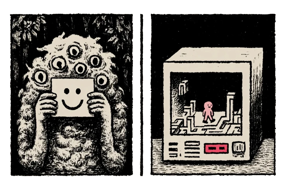 Two-panel illustration: a many-eyed creature holding a smiley-face mask, and a retro computer with a tiny simulated world inside