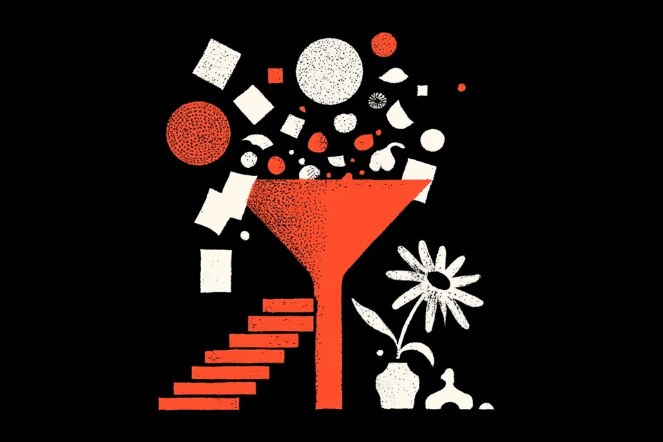 A red funnel filtering a stream of scattered shapes into clean output, with a staircase and a daisy beside it