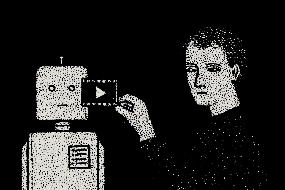 A hand offering a film play-button card to a small robot, a checklist on the robot's body