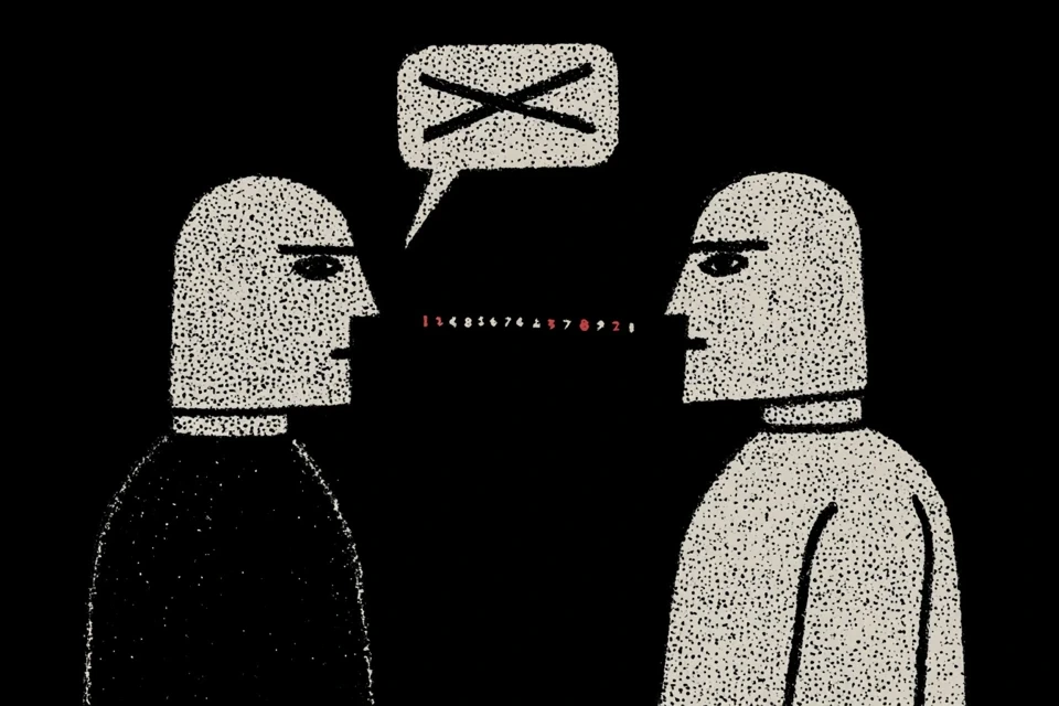 Two figures passing a stream of numbers between them, an empty speech bubble crossed out above
