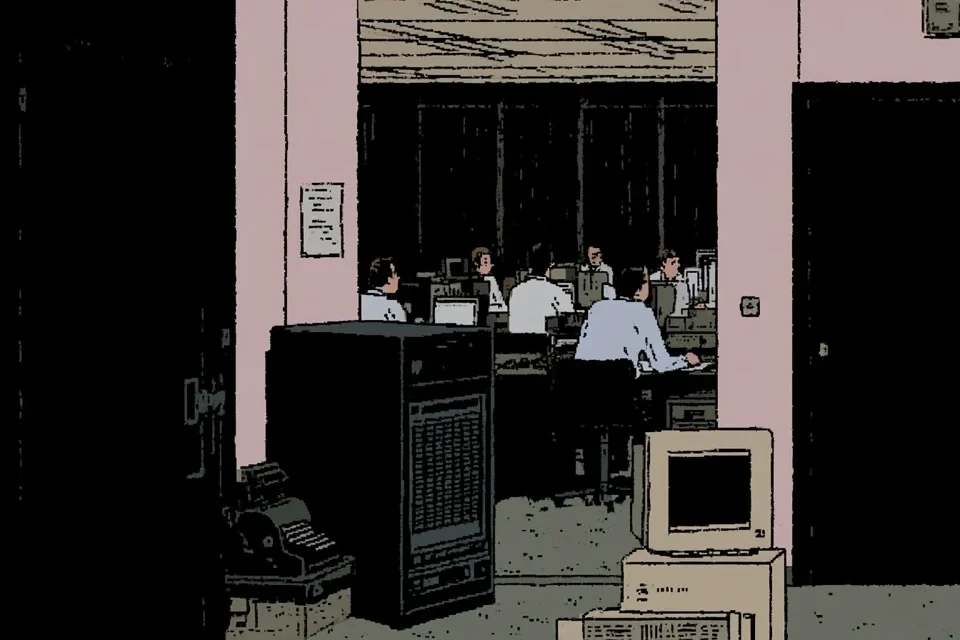 A late-1980s office of accountants still working at their desks around an obsolete mainframe and an old mechanical adding machine