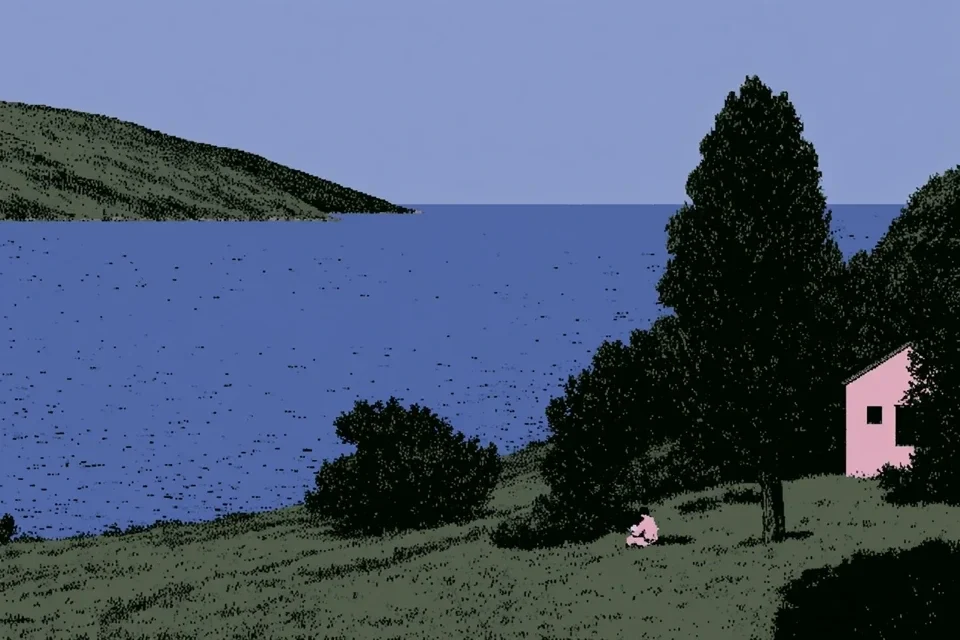 A lone figure reading on a grassy hill above a calm blue lake, flat dithered illustration